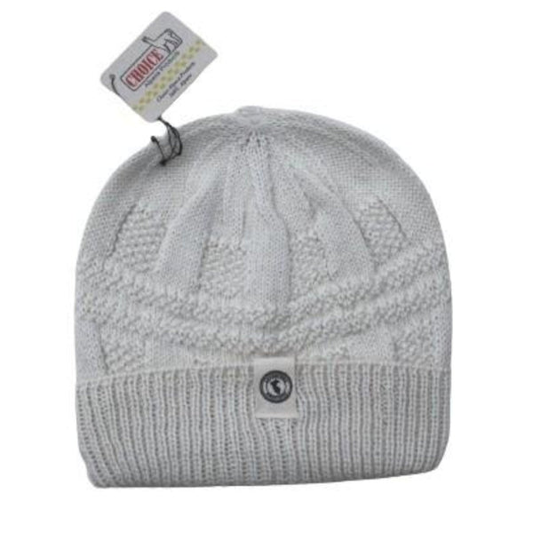 Gray knit beanie with a tag on a white background