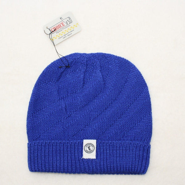 Blue knit beanie with a brand tag on a white background