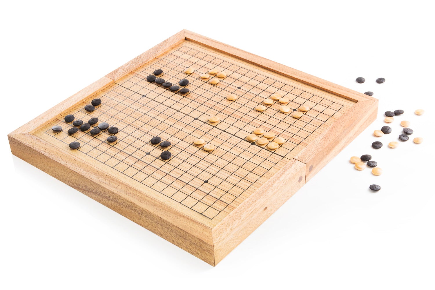 Go board with black and white stones on a white background