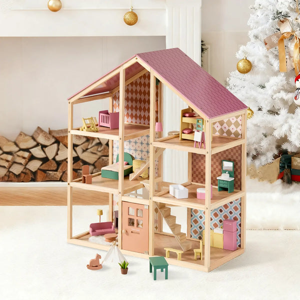 Wooden dollhouse with furniture in a decorated room with a Christmas tree.