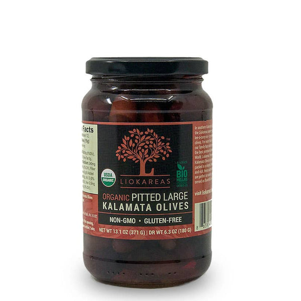 Liokareas Organic Kalamata Large Pitted Olives 13oz jar on a white background