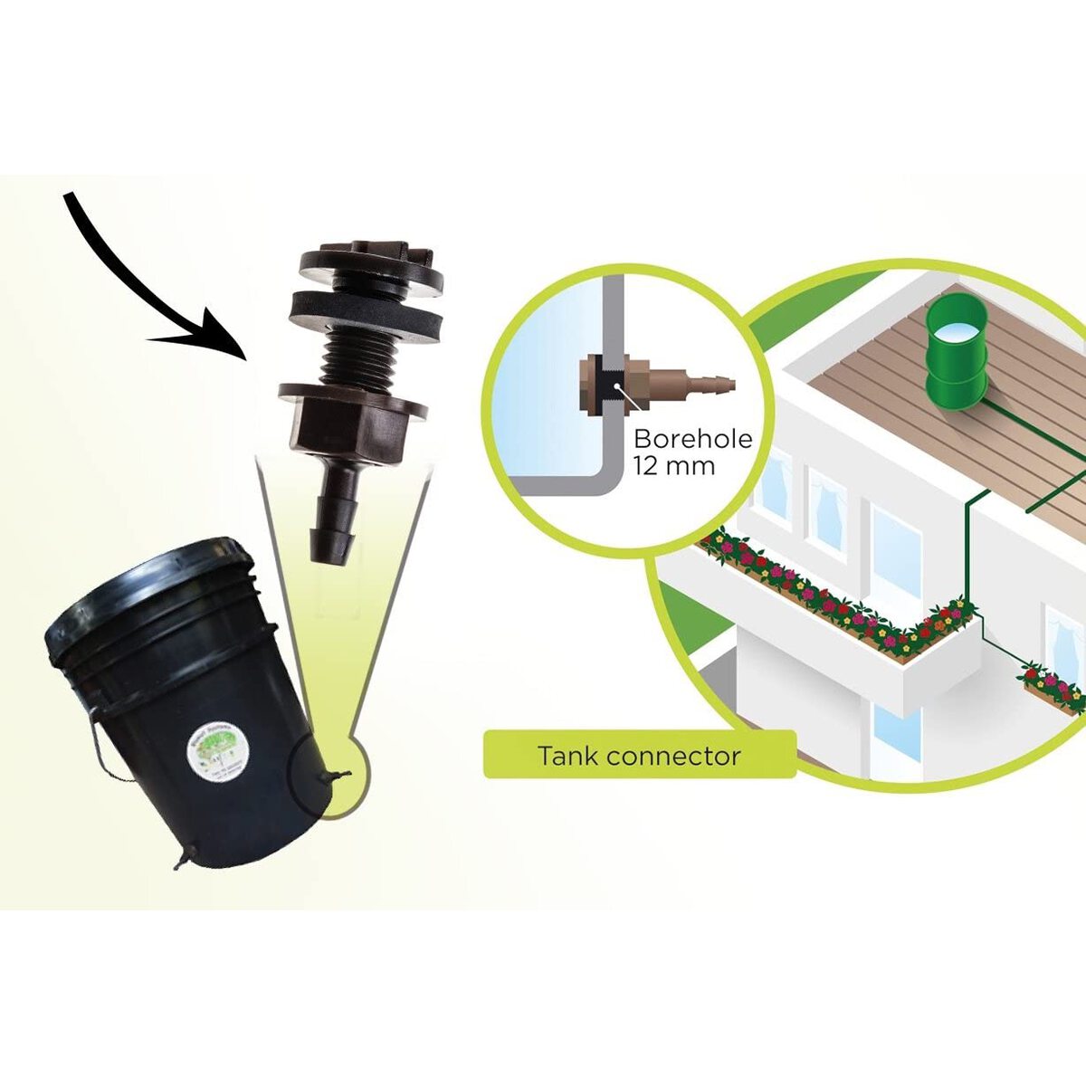 Illustration of a tank connector with a black bucket and a building with plants on a white background.