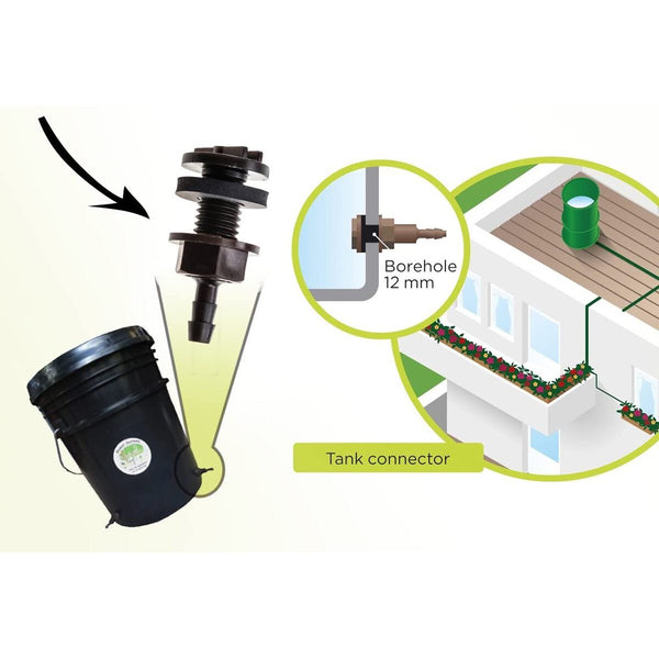 Illustration of a tank connector with a black bucket and a building with plants on a white background.