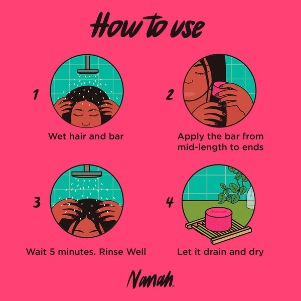 Instructions for using a hair care product with icons and text on a pink background, featuring the brand 'Nanah'.