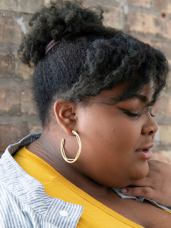 Fair Anita Inside Hex Hoops silver-plated nickel-free recycled metal hoop earrings styled on ear