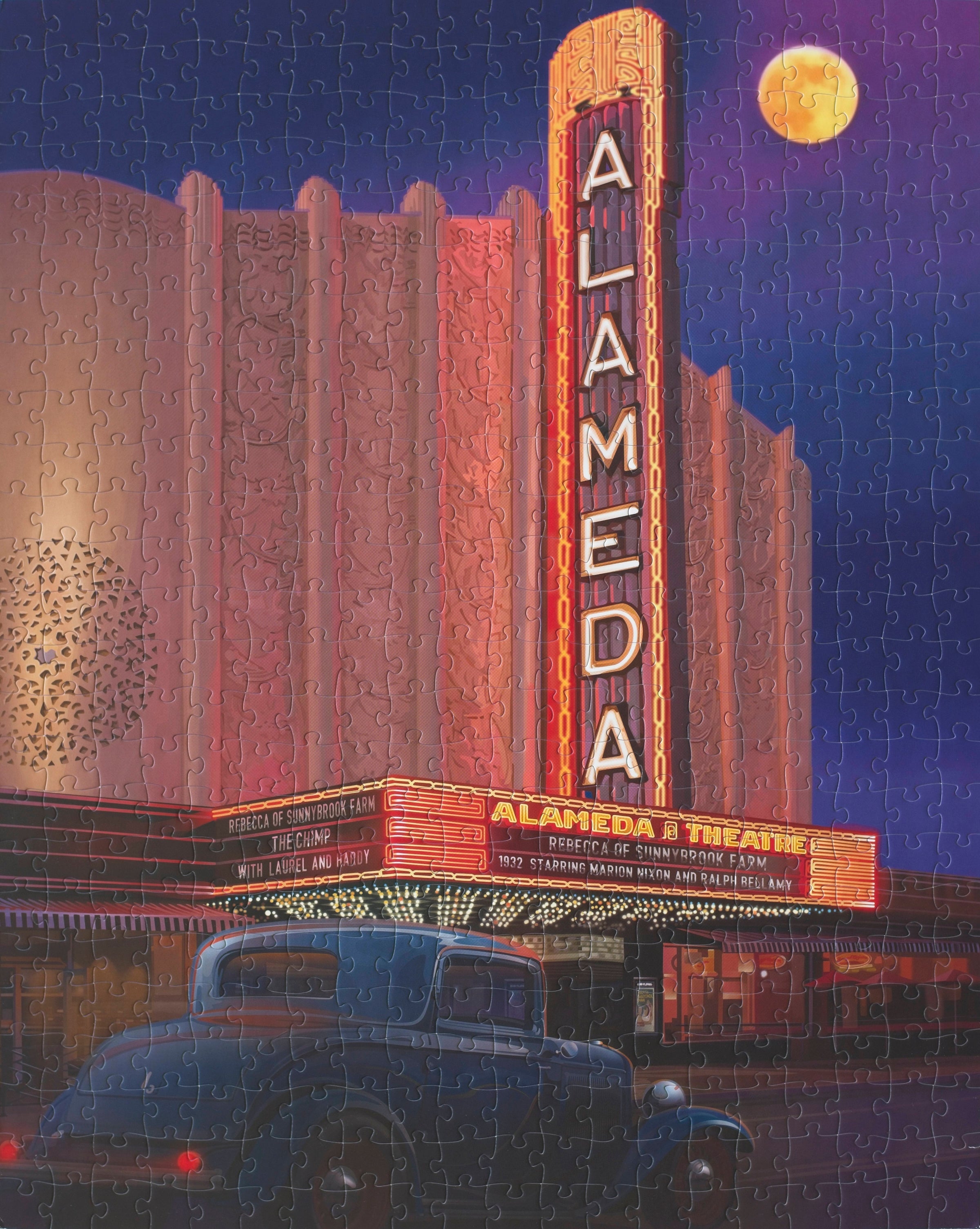 Completed Alameda Theatre 500-piece jigsaw puzzle with artwork by Larry Hausen