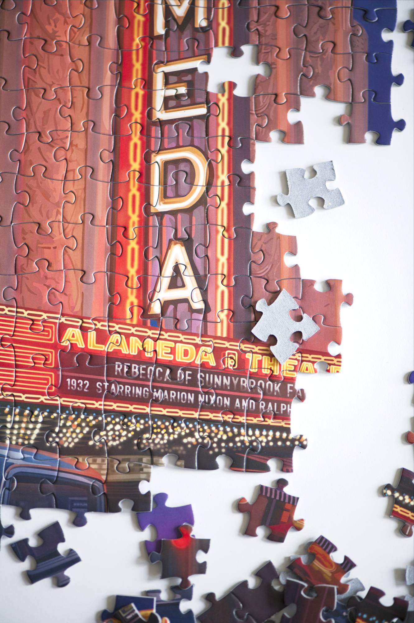 Close-up of the theatre marquee detail in the Alameda Theatre puzzle artwork