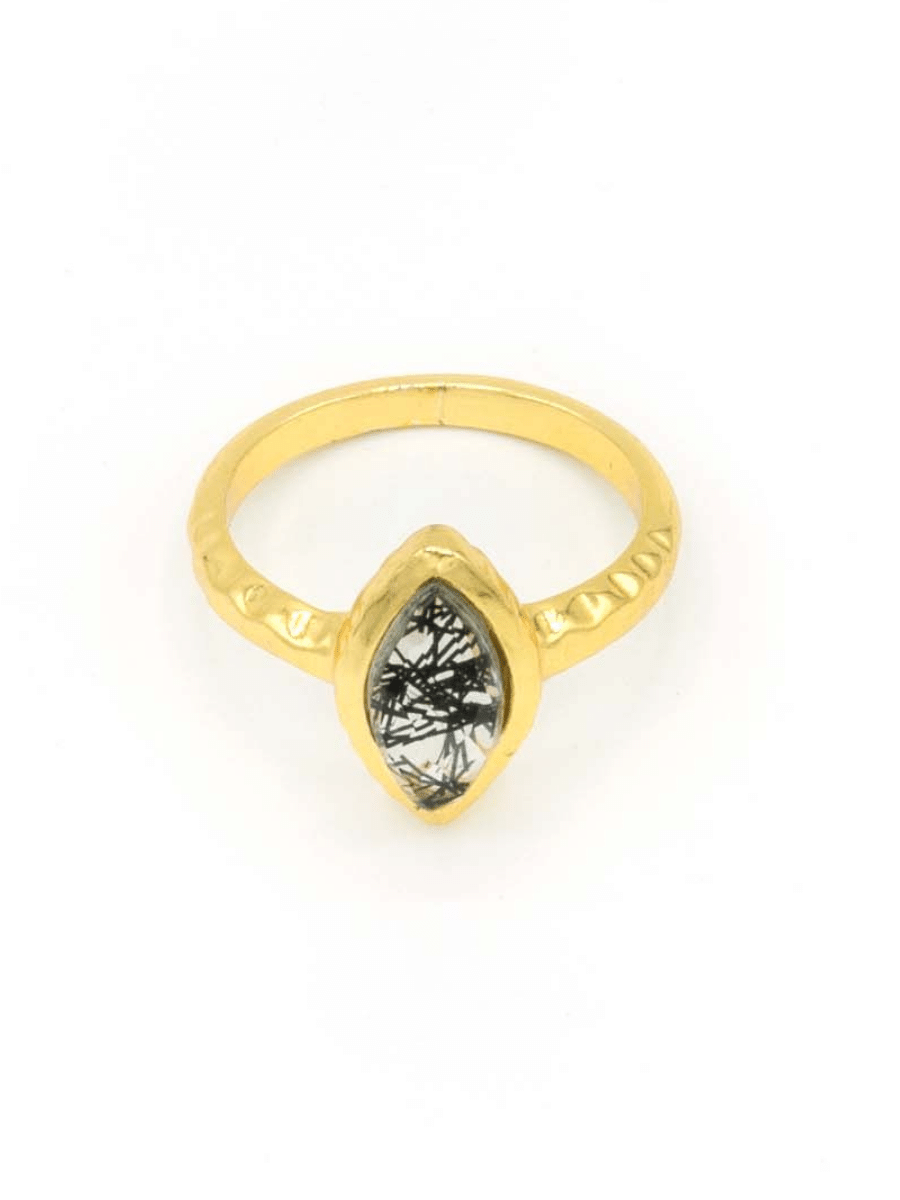 Almond black rutile quartz brass ring side view by Fair Anita