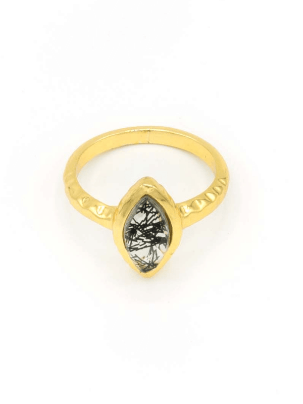 Almond black rutile quartz brass ring side view by Fair Anita