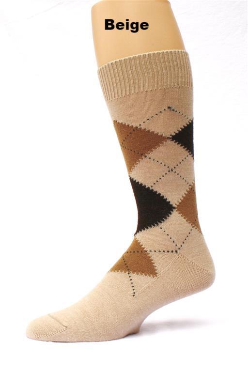 Beige argyle sock on a mannequin leg with 'Beige' text above.