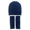 Blue knit beanie and fingerless gloves set on a white background