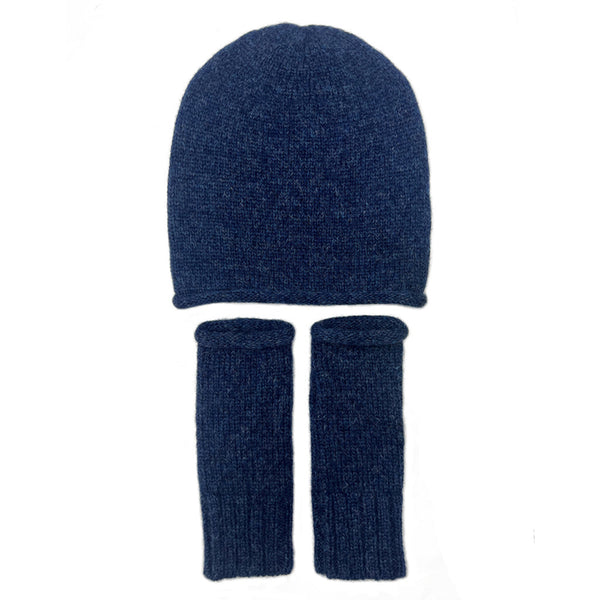 Blue knit beanie and fingerless gloves set on a white background
