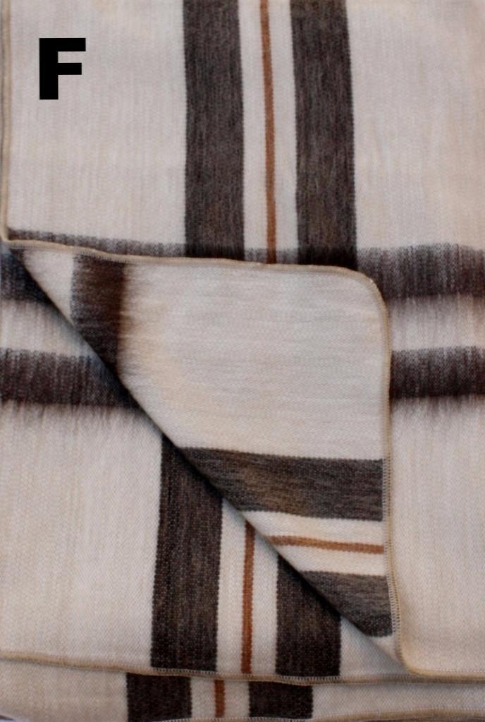 Folded plaid blanket with brown and beige stripes on a white background