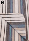 Close-up of striped fabric with a pattern of black, blue, and beige lines.