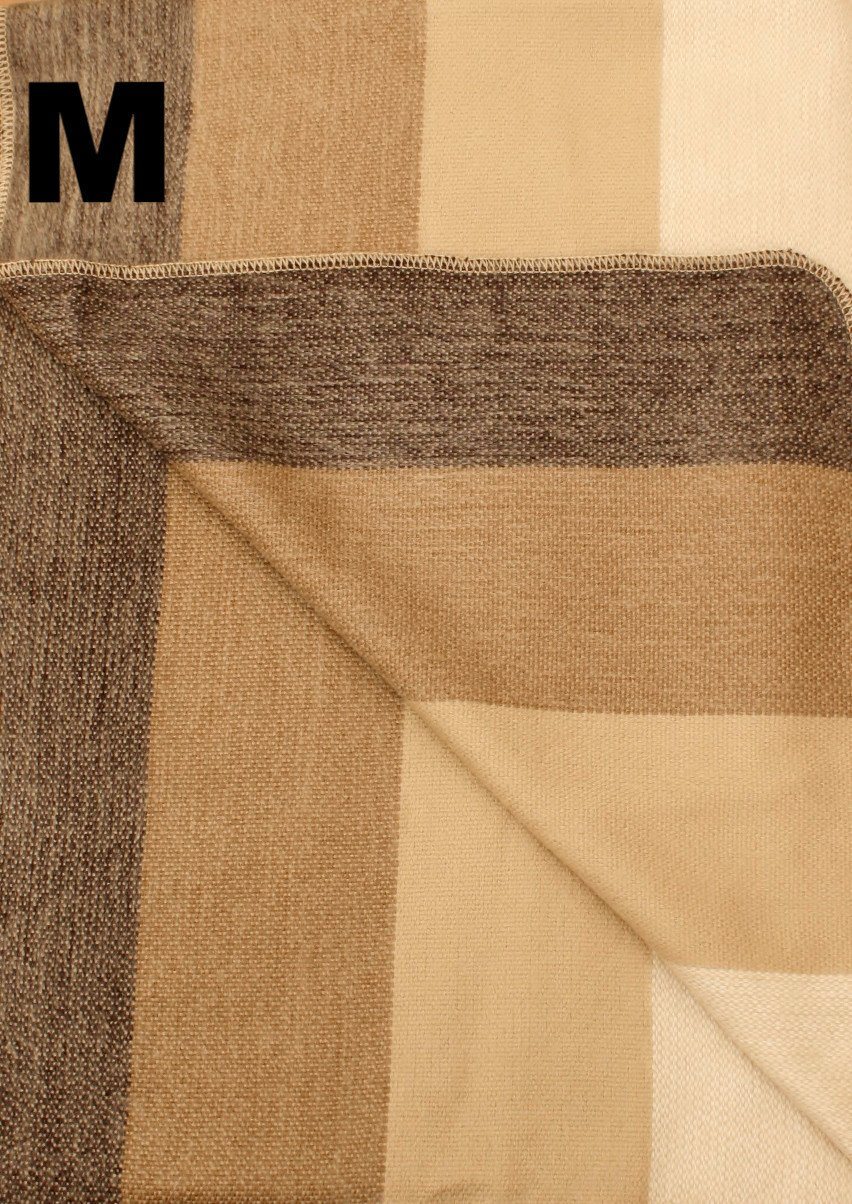 Close-up of a folded fabric with brown and beige pattern, labeled 'M'.