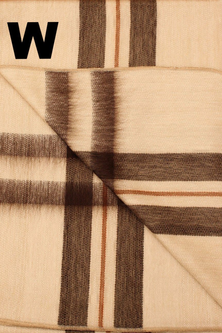 Plaid fabric with brown and beige colors and a visible 'W' logo.