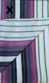 Close-up of striped fabric with purple, green, and white colors.