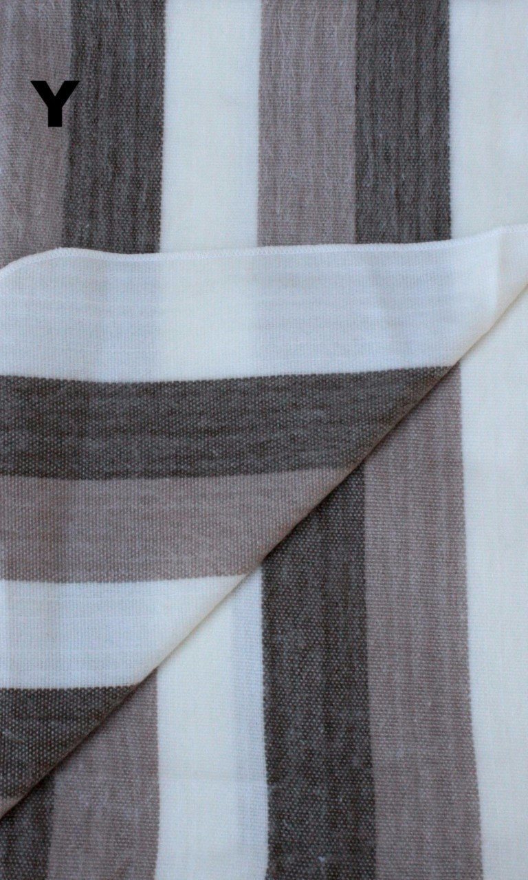 Close-up of striped fabric with brown, white, and gray colors.