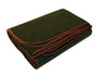 Folded green blanket with brown trim on a white background