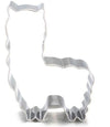Metallic cookie cutter shaped like a cat on a white background