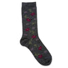 Dark gray sock with floral patterns on a white background