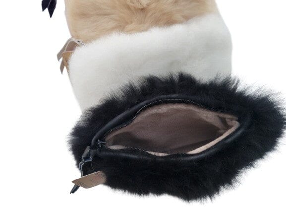 Black fur pouch with a zipper on a white background