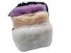 Fur-trimmed pouch with white base, beige middle section, and purple top on a white background
