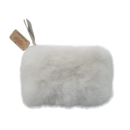 Gray fluffy pillow with a tag on a white background