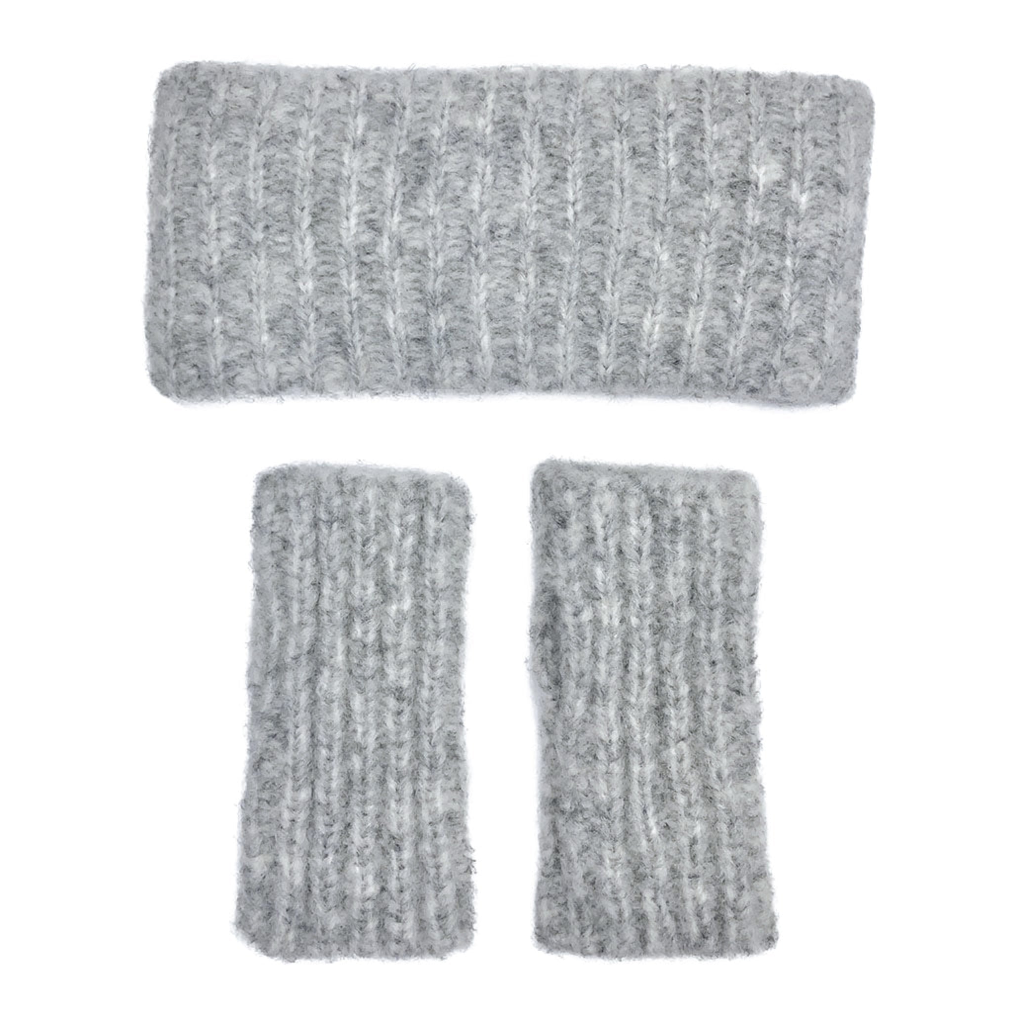 Set of gray knitted headband and arm warmers on a white background