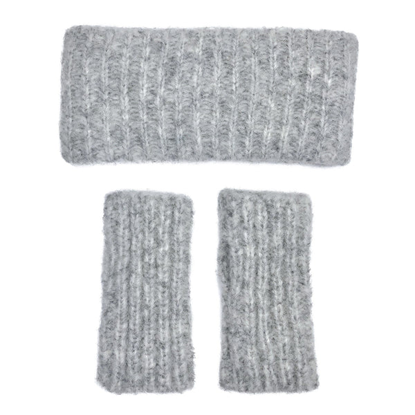 Set of gray knitted headband and arm warmers on a white background