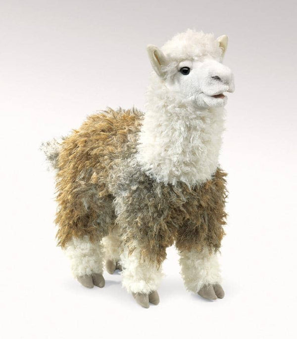 Soft plush alpaca hand puppet with movable mouth, front view