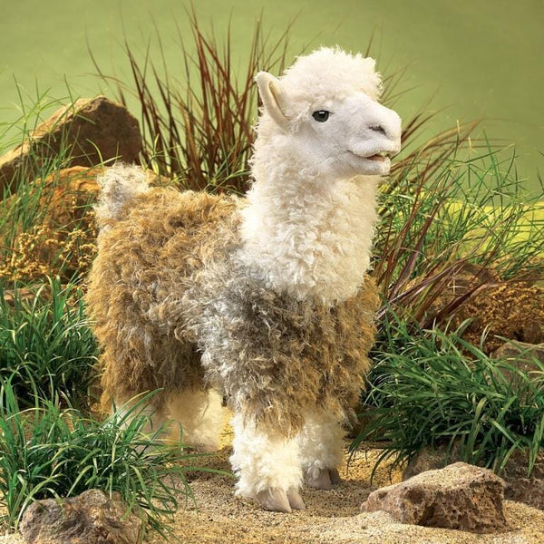 Alpaca hand puppet shown in use, highlighting its expressive friendly face and ultra-soft body