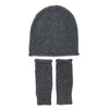 Gray knit beanie and fingerless gloves set on a white background