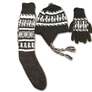 Alpaca Inca braided Chullo hat, gloves and long socks set in bold Andean pattern, made in Peru