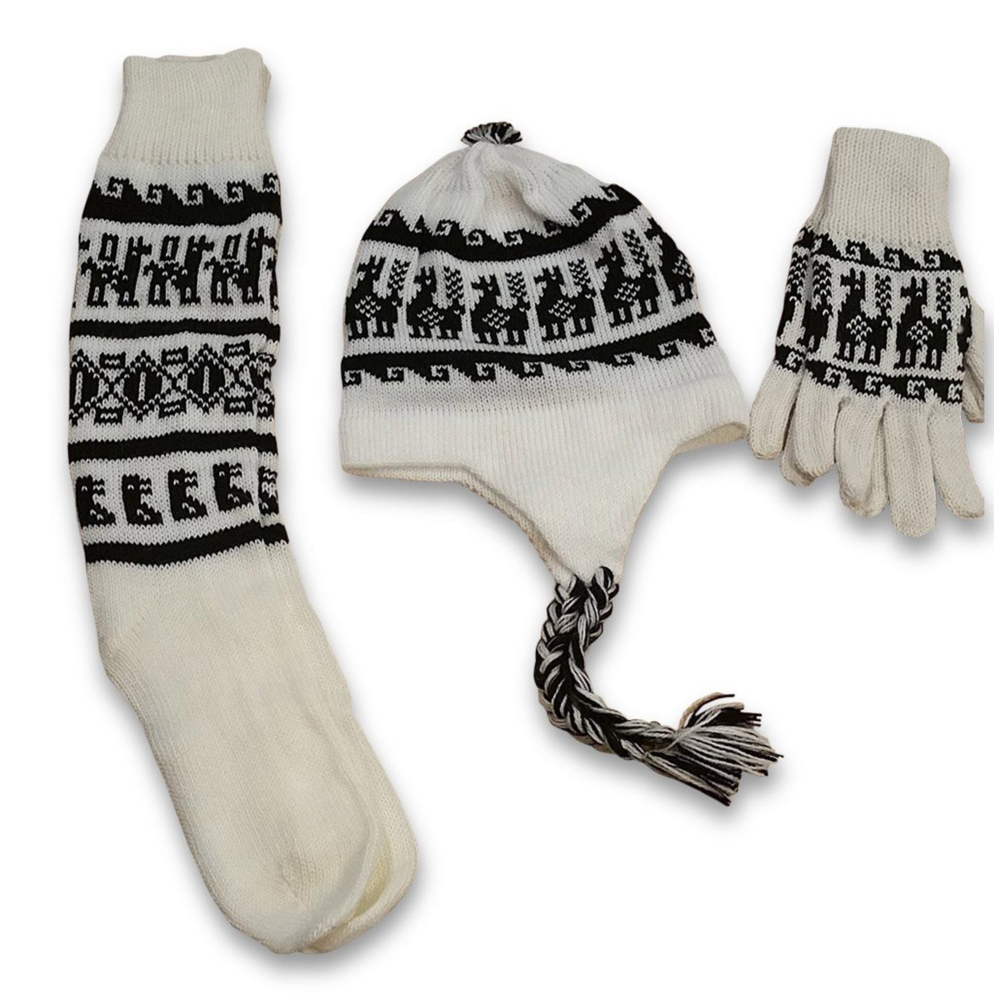 Set of white winter accessories with black and gray patterns on a white background
