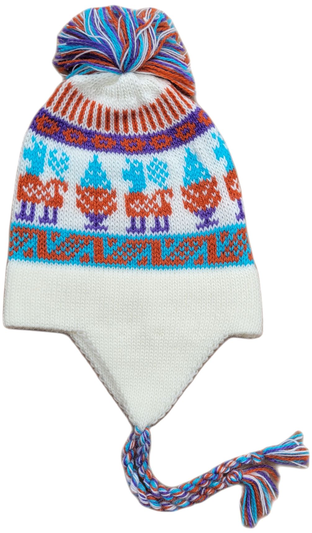 Cream-colored alpaca blend chullo earflap hat for infants and toddlers made in Peru