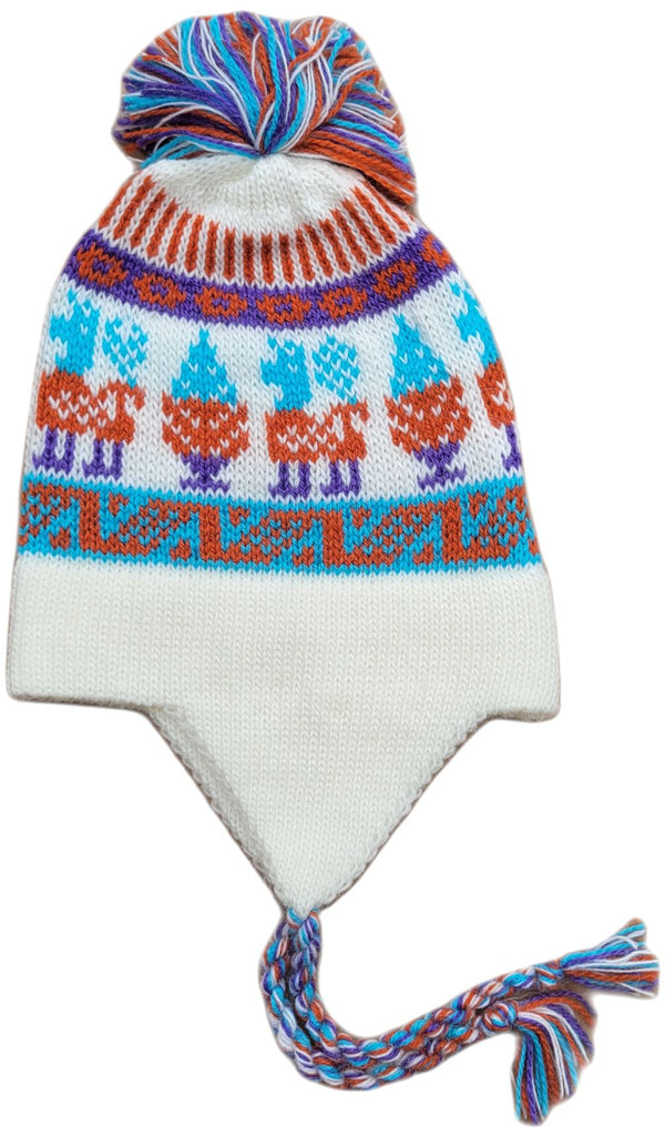 Cream-colored alpaca blend chullo earflap hat for infants and toddlers made in Peru