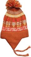 Knitted hat with animal patterns and a pom-pom on a white background