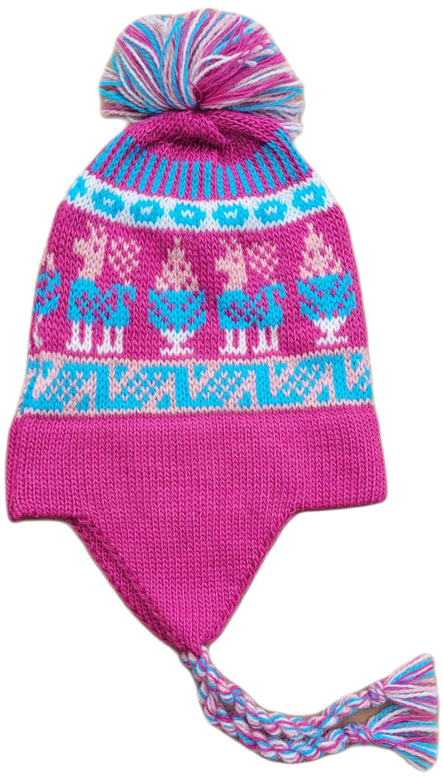 Fuchsia pink alpaca chullo hat for infants and toddlers with earflaps, made in Peru