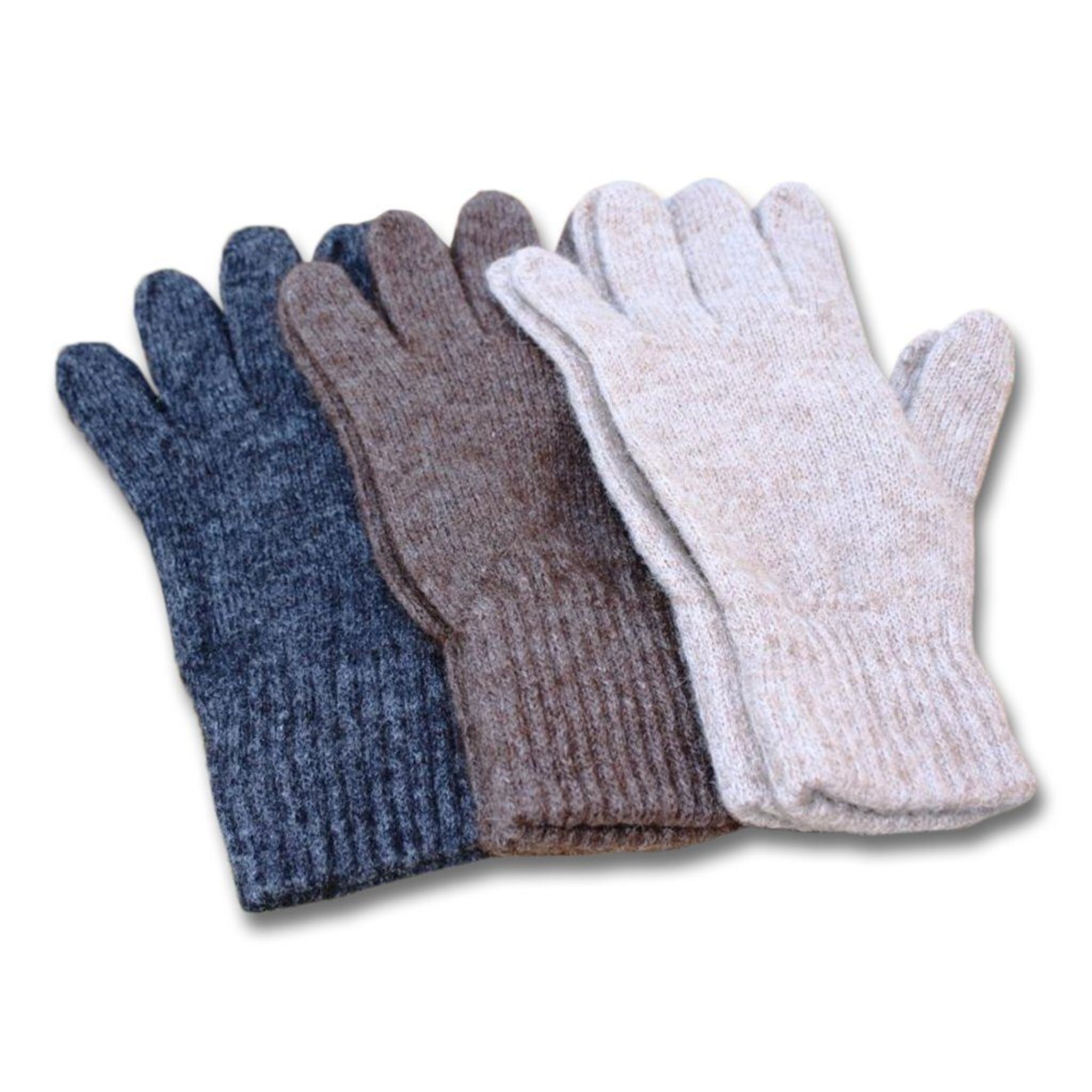 Three pairs of gloves in blue, brown, and gray on a white background