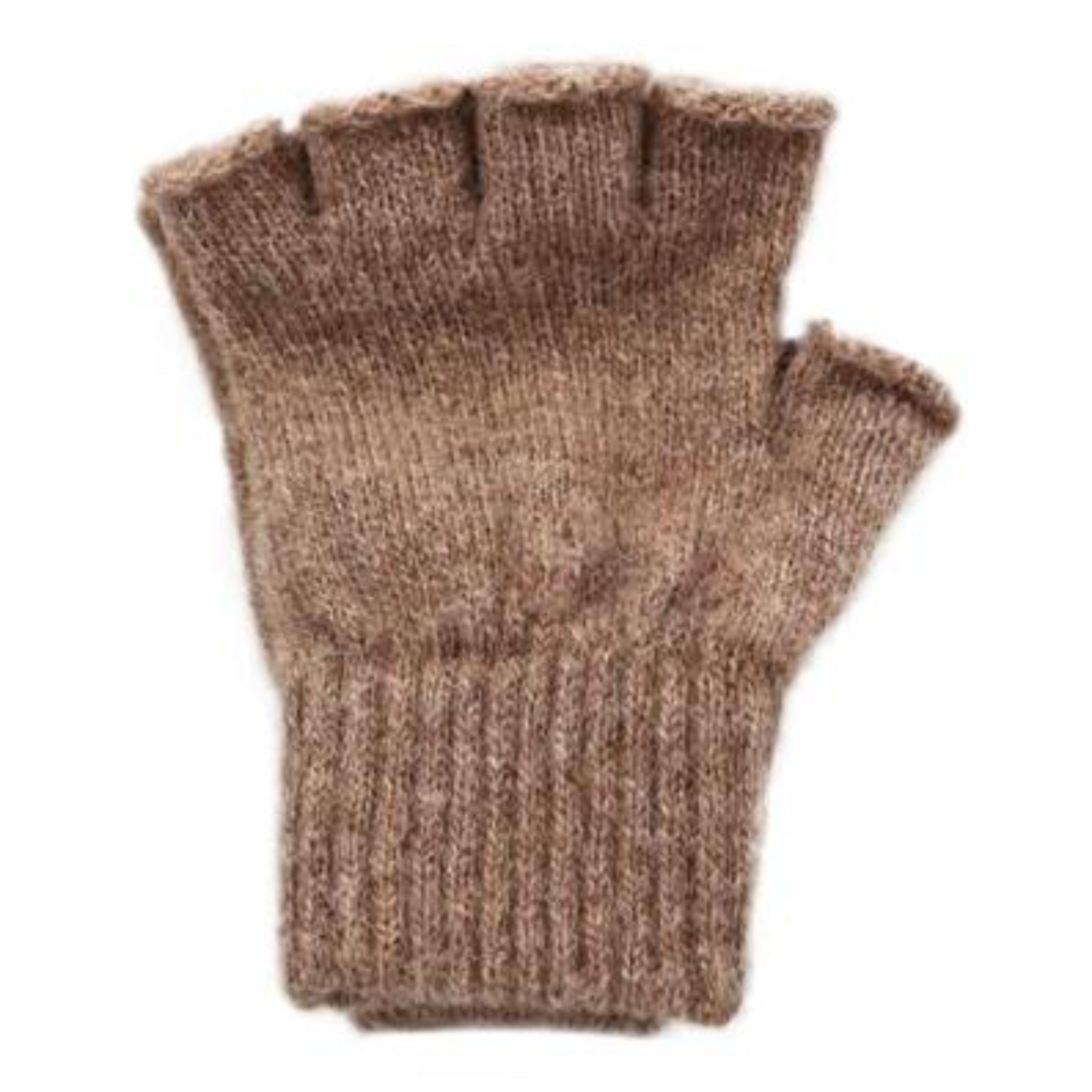 Pair of brown knitted fingerless gloves on a white background
