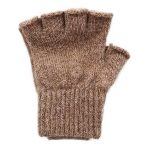 Pair of brown knitted fingerless gloves on a white background