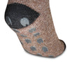Close-up of a brown sock with gray paw prints on a white background. Stay cozy with AlpacaTrax Gripper Slipper Socks – ultra-warm, non-slip alpaca wool socks for men & women. Breathable, odor-free, durable, and machine washable. Perfect house slipper alternative.