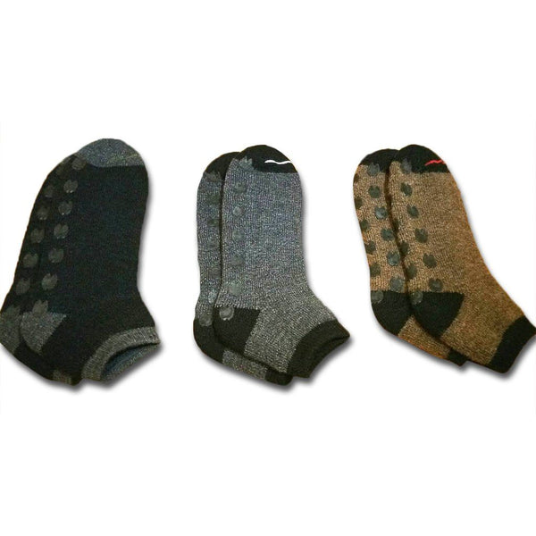 Three pairs of socks in black, gray, and brown with patterned toes on a white background.