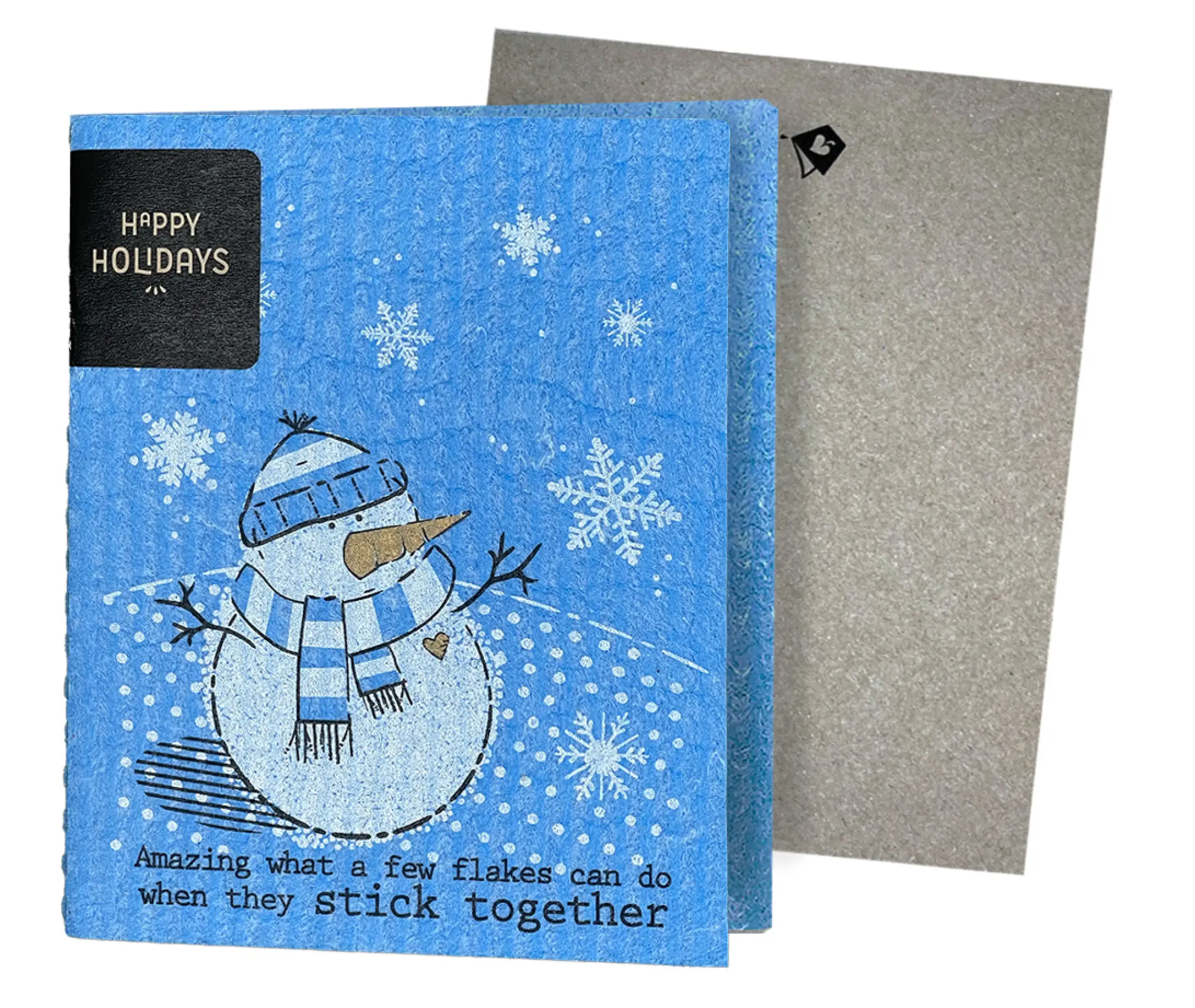 A greeting card with a snowman design and holiday greetings, accompanied by a non-velope envelope.