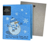 A greeting card with a snowman design and holiday greetings, accompanied by a non-velope envelope.
