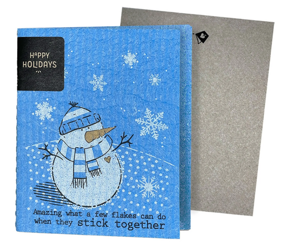 A greeting card with a snowman design and holiday greetings, accompanied by a non-velope envelope.