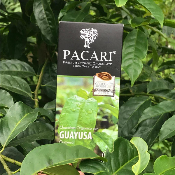 Pacari chocolate bar packaging with Guayusa on a leafy background