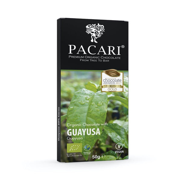 Pacari organic chocolate packaging with guayusa on a white background