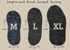 Three boot inserts labeled M, L, and XL with measurements on a beige background.